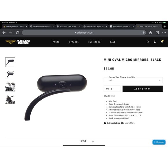 Arlen Ness Motorcycle Oval Micro Mirror Left Side Rear View Chrome - Picture 5 of 6